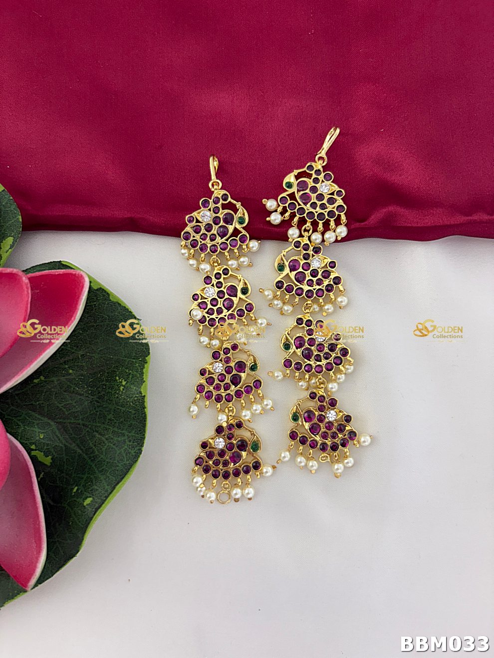 Multi-layer Kemp Bharatanatyam Mattal with red stones, green stones and pearls, traditional temple dance ear chain