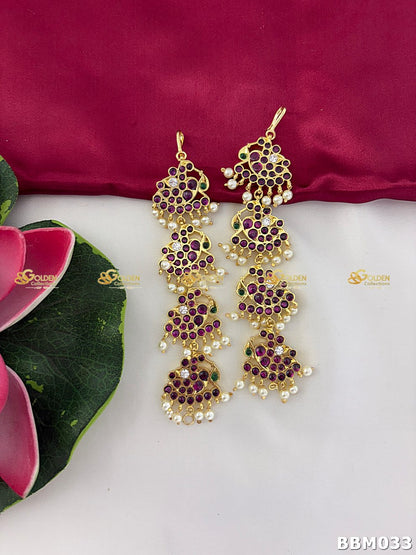 Multi-layer Kemp Bharatanatyam Mattal with red stones, green stones and pearls, traditional temple dance ear chain