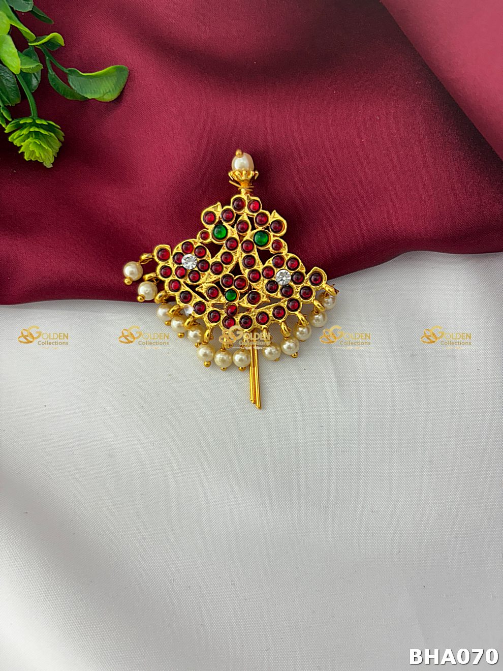 Front view of Multicolor Kemp Bharatanatyam Hair Crown Rakodi for Bharatanatyam dance hairstyle styling