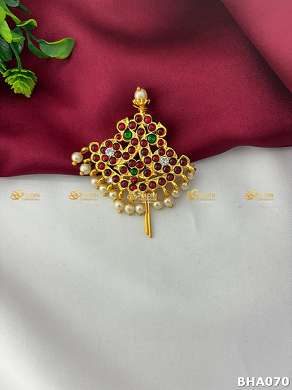 Front view of Multicolor Kemp Bharatanatyam Hair Crown Rakodi for Bharatanatyam dance hairstyle styling
