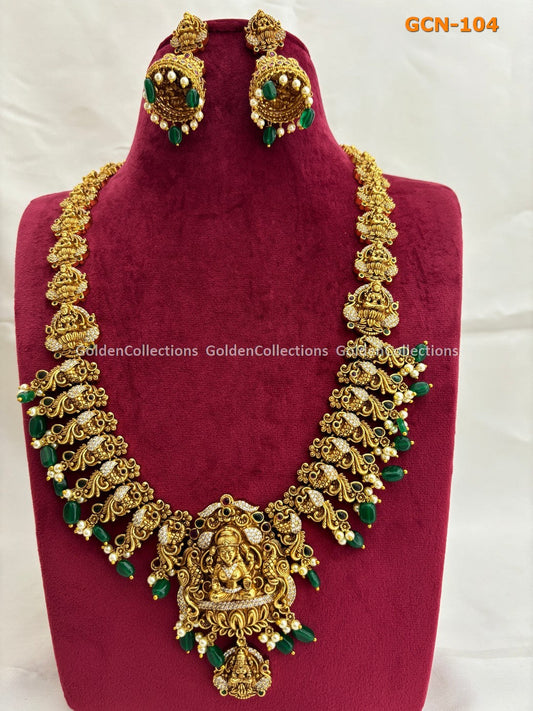 Nakshi Long Laxmi Necklace Set With Green Beads GoldenCollections 