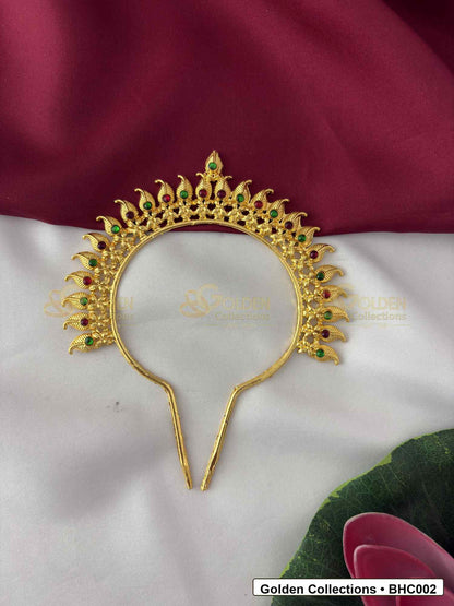 Front view of Ornate Bharatanatyam Hair Crown for Dance Costume for Bharatanatyam dance hairstyle styling