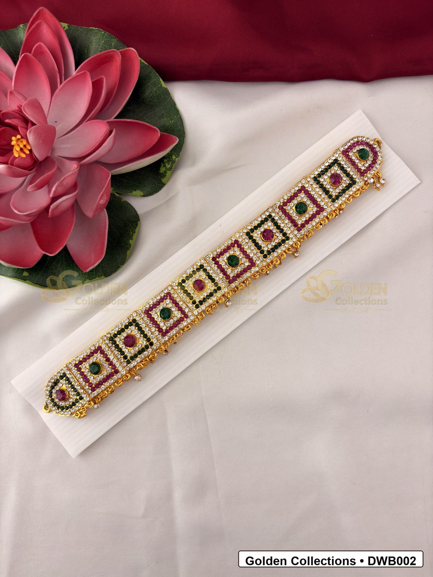 Front view of Ornate Deity Waist Belt Vaddanam for Idols showing gold-plated vaddanam-style waist belt design with stone detailing