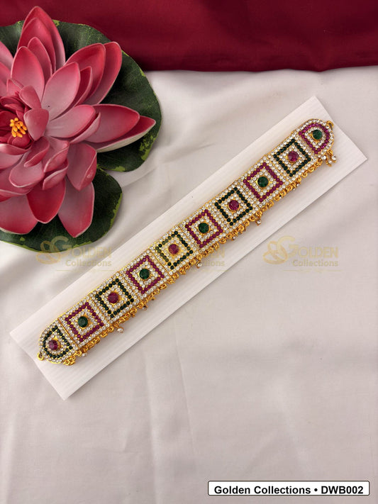 Front view of Ornate Deity Waist Belt Vaddanam for Idols showing gold-plated vaddanam-style waist belt design with stone detailing
