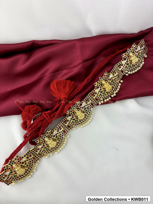 Front view of Ornate Linked Real Kemp Vaddanam Waist Belt from Golden Collections