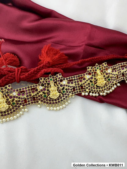 Angled product view of Ornate Linked Real Kemp Vaddanam Waist Belt from Golden Collections