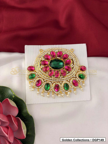 Oval Pink and Green Stone Deity Pendant for Idol Alankaram front view showing large oval deity pendant with pink and green stones, clear stone border, pearl-style bead edge and gold-tone setting for idol alankaram