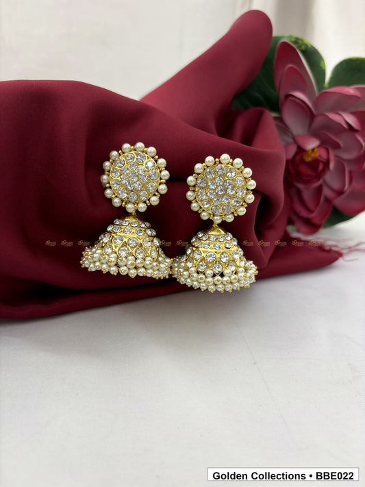 Front view of Pearl Cluster Real Kemp Dome Jhumki Earrings from Golden Collections