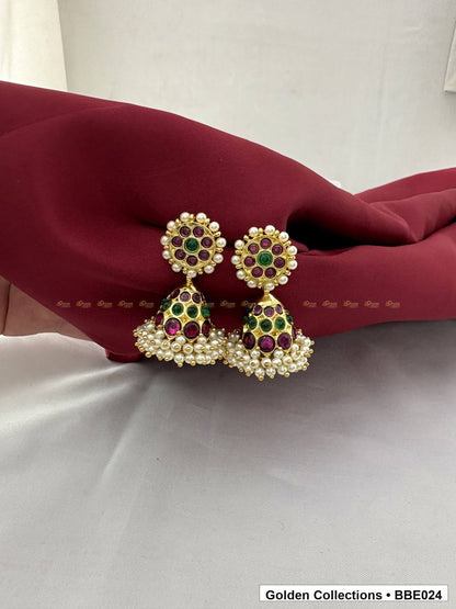 Front view of Pearl Drop Real Kemp Jhumki Earrings from Golden Collections