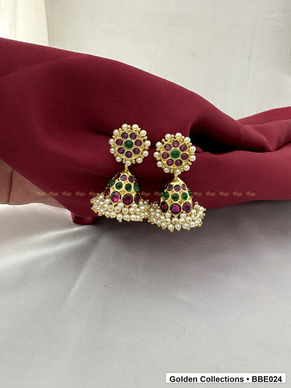 Angled product view of Pearl Drop Real Kemp Jhumki Earrings from Golden Collections