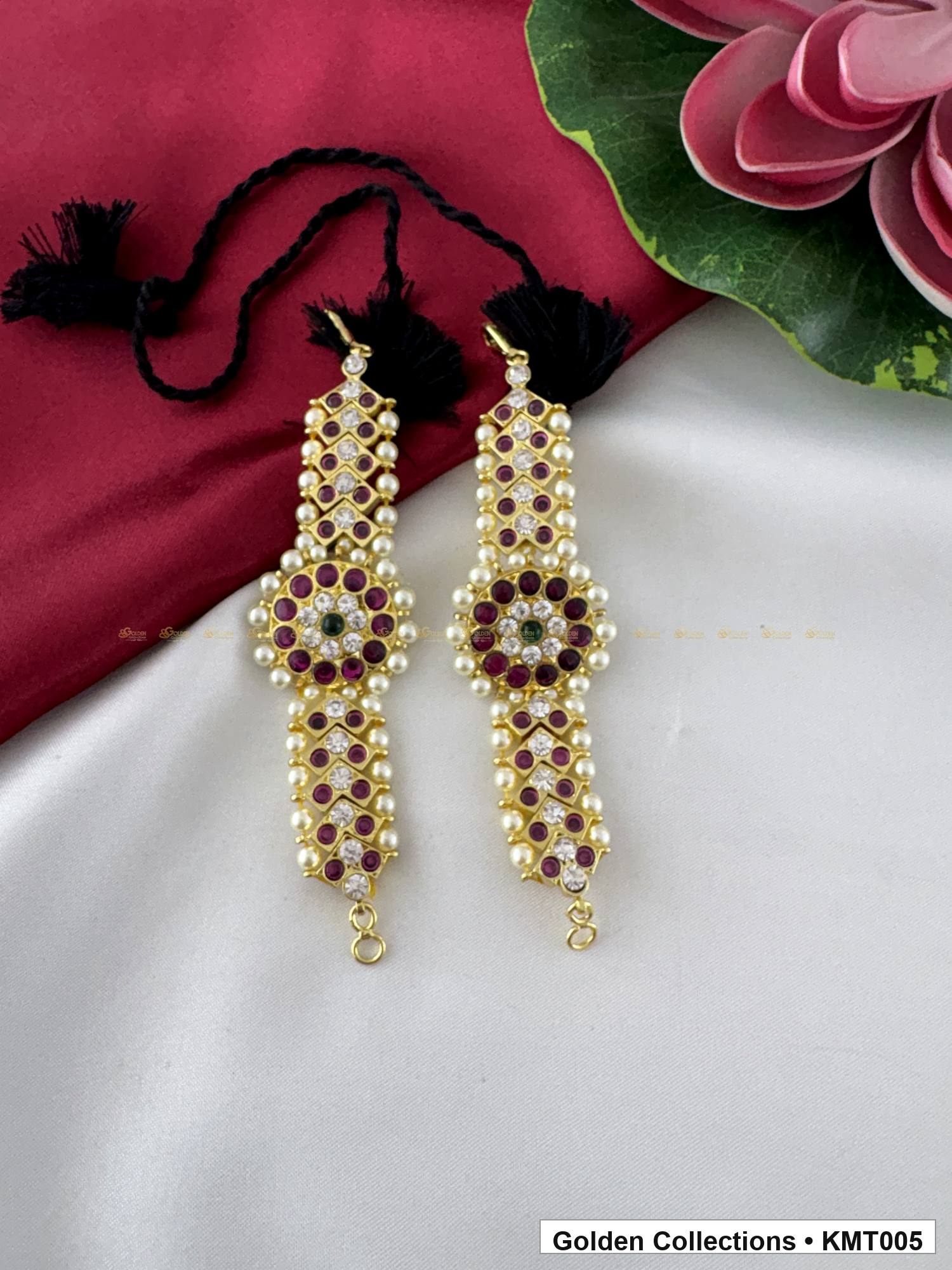 Front view of Pearl Drop Real Kemp Mattal Ear Chains from Golden Collections