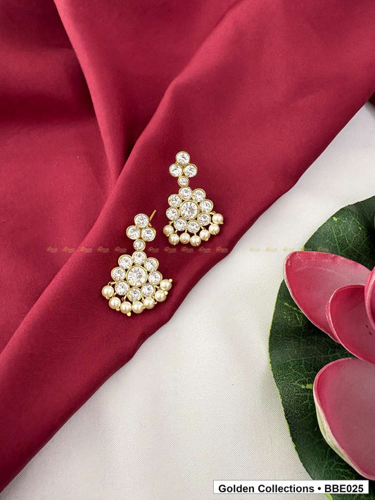 Front view of Pearl Floral Real Kemp Long Jhumki Earrings from Golden Collections