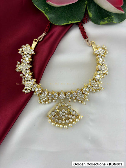 Front view of Pearl Floral Real Kemp Short Necklace for Bharatanatyam from Golden Collections