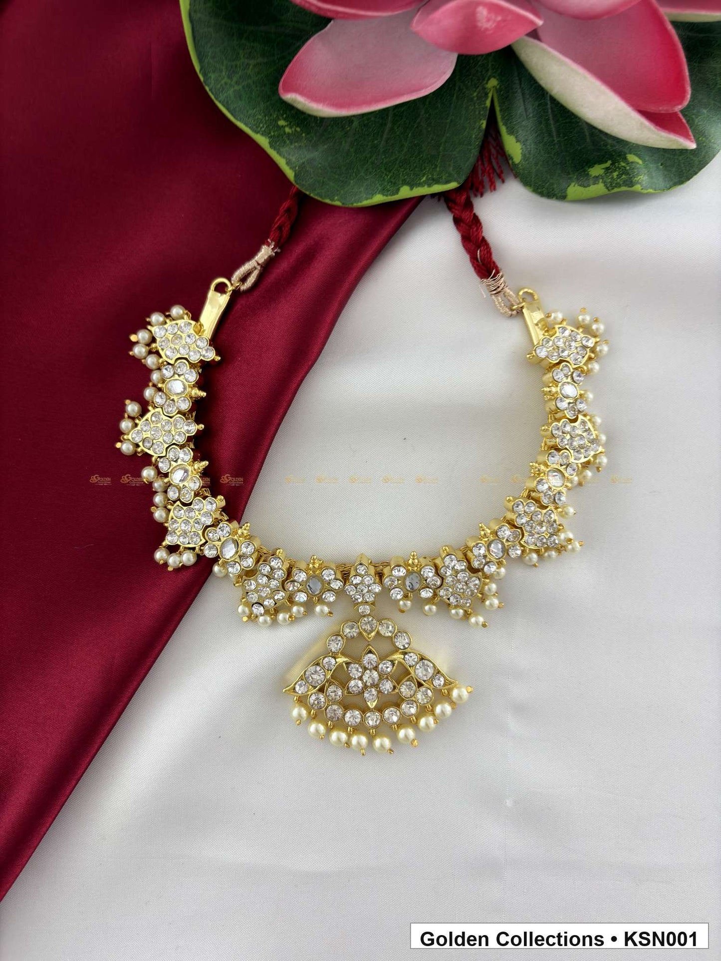 Angled product view of Pearl Floral Real Kemp Short Necklace for Bharatanatyam from Golden Collections