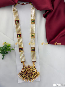 Bharatanatyam long haram with red, green and clear stones with white pearls BLN-036