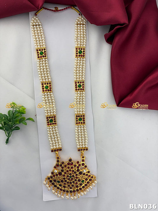 Pearl Kemp Temple Haram with red and green stones – Bharatanatyam Temple Jewellery by Golden Collections