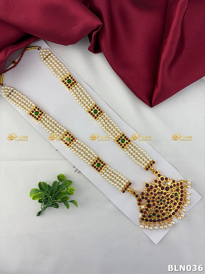 Pearl Kemp Temple Haram – Bharatanatyam Long Necklace | Traditional Temple Jewellery
