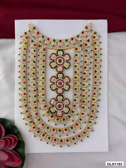Front view of deity chest long haram with multicolor stones and gold plating for idol alankaram