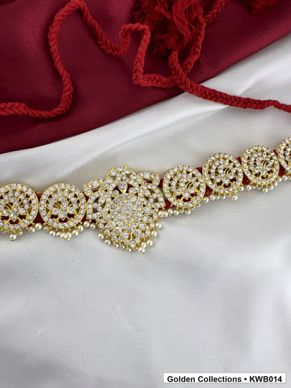 Front view of Pearl Medallion Real Kemp Vaddanam Waist Belt from Golden Collections