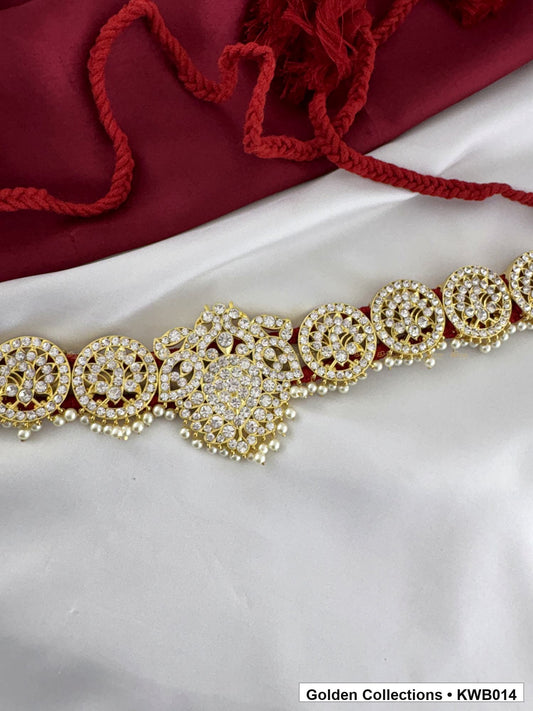 Front view of Pearl Medallion Real Kemp Vaddanam Waist Belt from Golden Collections