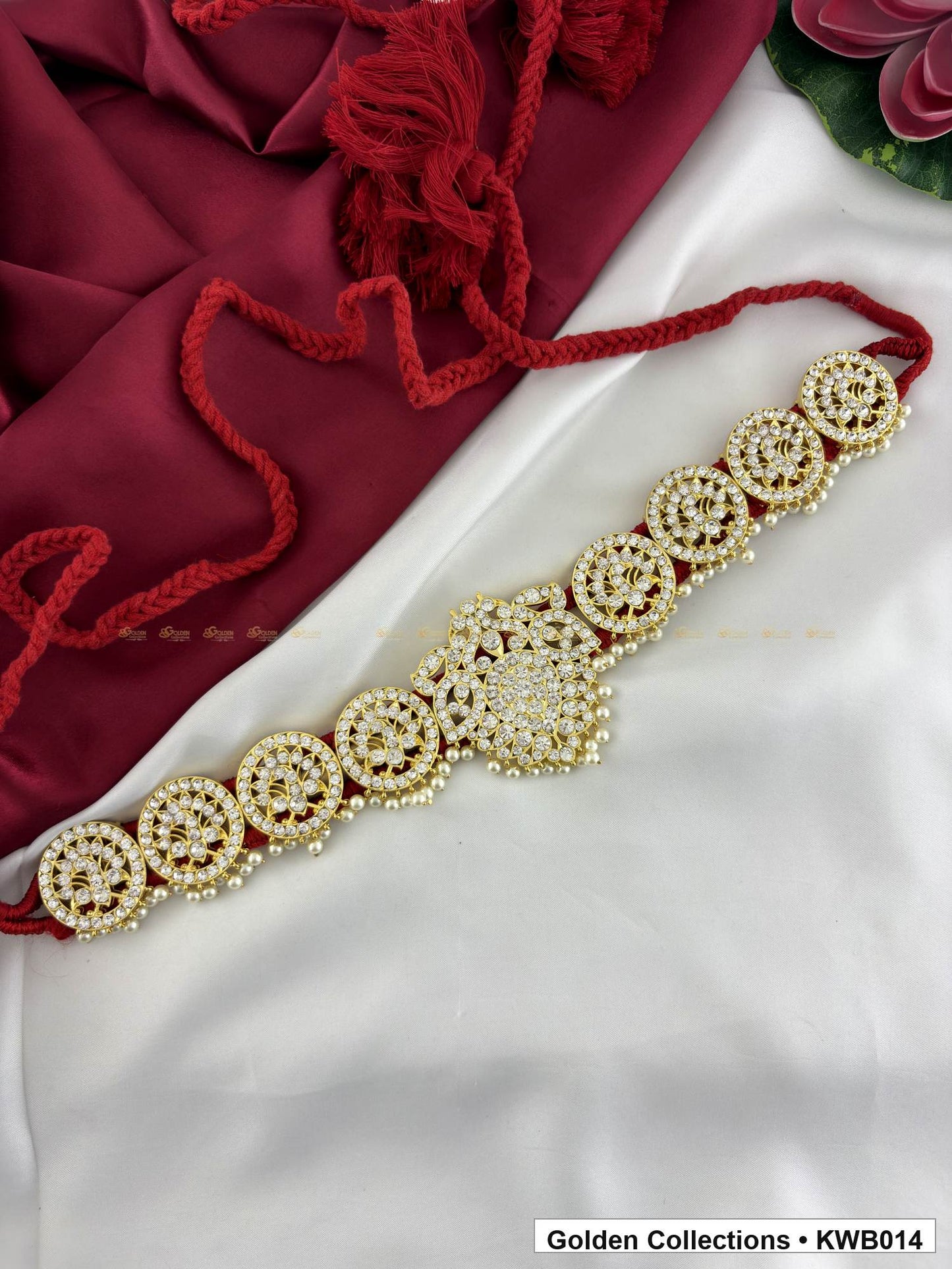 Angled product view of Pearl Medallion Real Kemp Vaddanam Waist Belt from Golden Collections