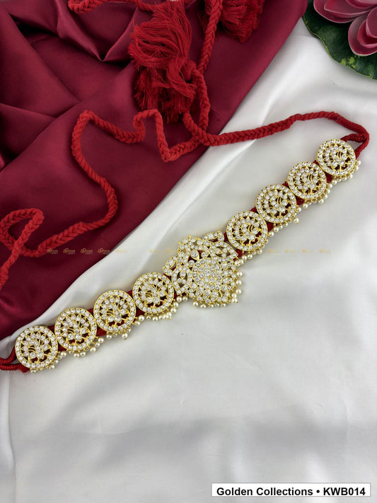 Angled product view of Pearl Medallion Real Kemp Vaddanam Waist Belt from Golden Collections