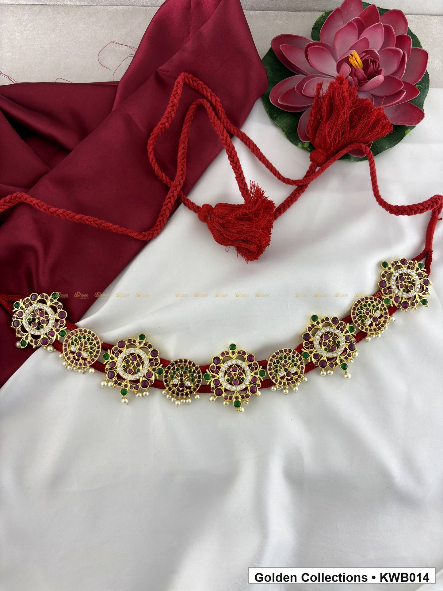 Detail view of Pearl Medallion Real Kemp Vaddanam Waist Belt from Golden Collections