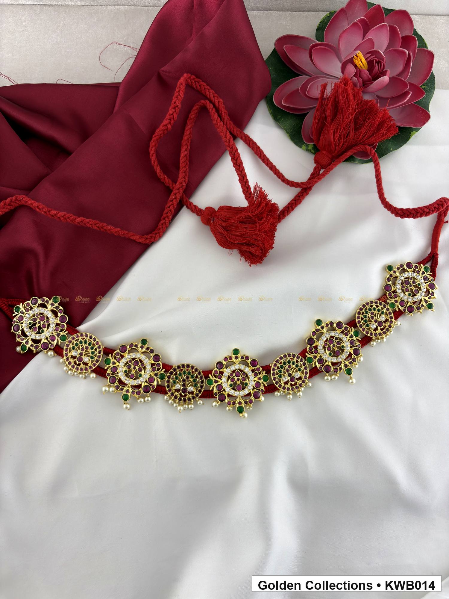 Detail view of Pearl Medallion Real Kemp Vaddanam Waist Belt from Golden Collections