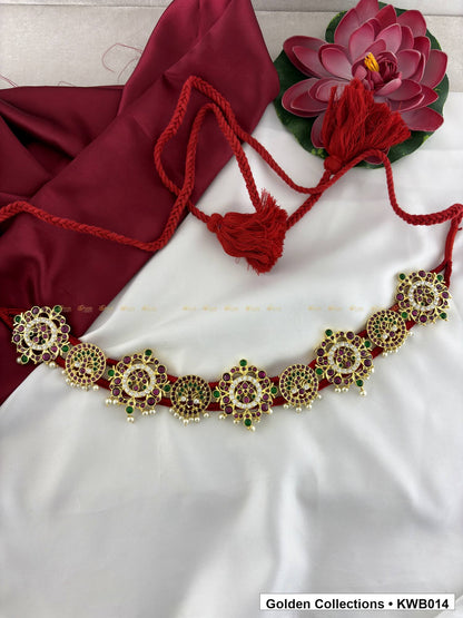 Detail view of Pearl Medallion Real Kemp Vaddanam Waist Belt from Golden Collections