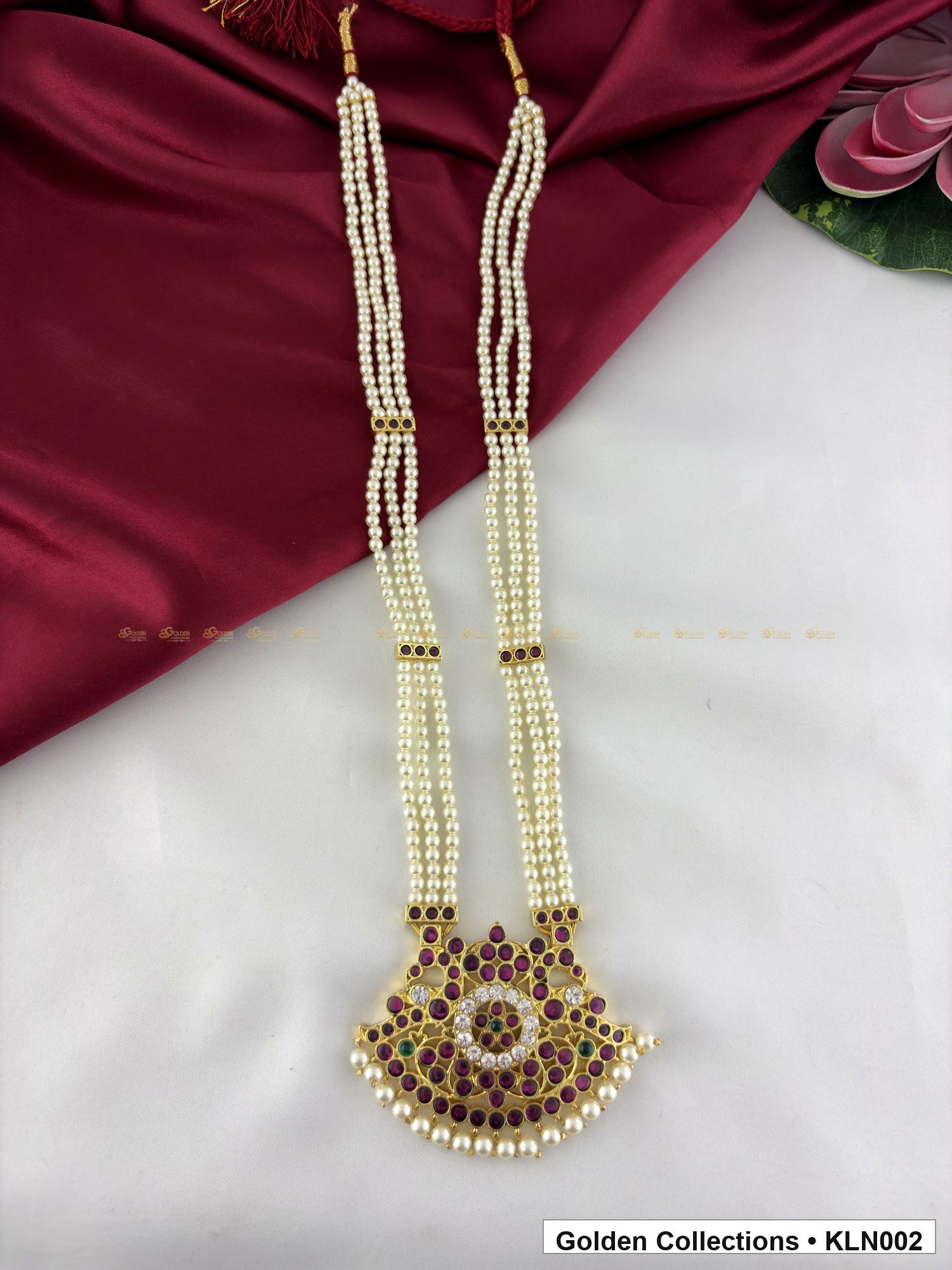 Front view of Pearl Real Kemp Long Haram with Pendant from Golden Collections