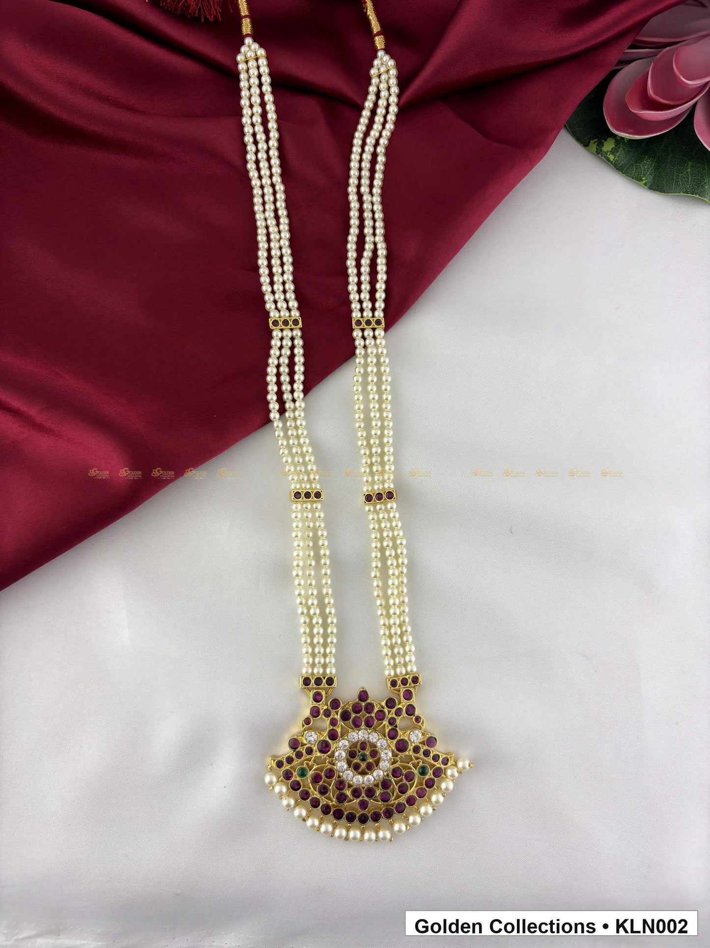 Angled product view of Pearl Real Kemp Long Haram with Pendant from Golden Collections