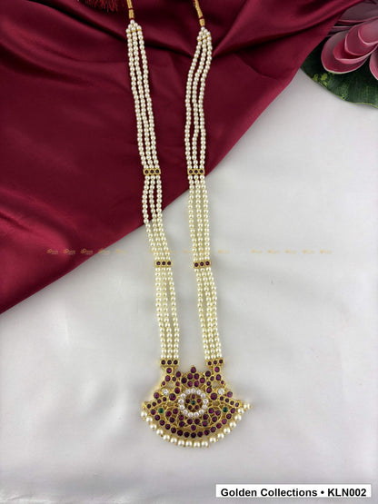 Angled product view of Pearl Real Kemp Long Haram with Pendant from Golden Collections