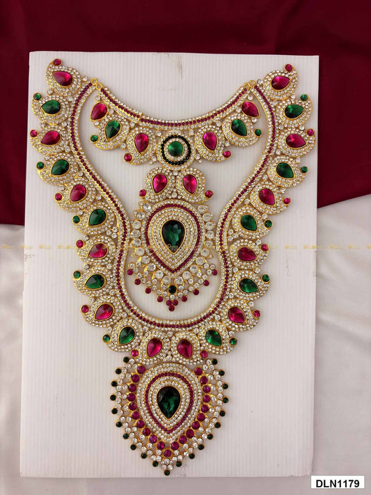 Front view of deity chest long haram with multicolor stones and gold plating for idol alankaram