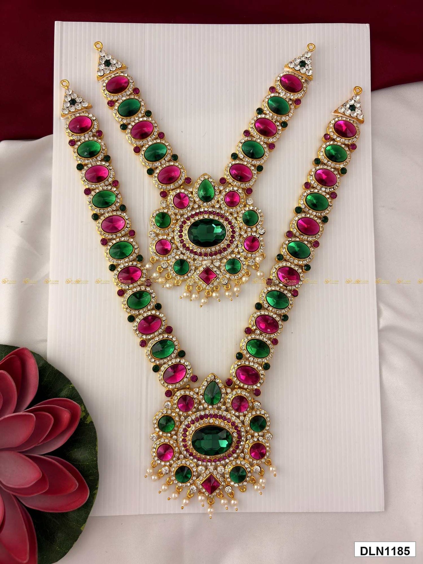 Measurement photo of deity long haram set with measuring tape for idol alankaram size reference