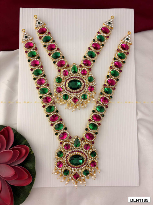 Measurement photo of deity long haram set with measuring tape for idol alankaram size reference