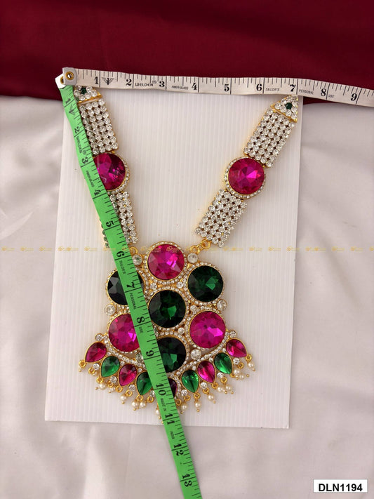 Measurement photo of deity long haram with measuring tape for idol alankaram size reference