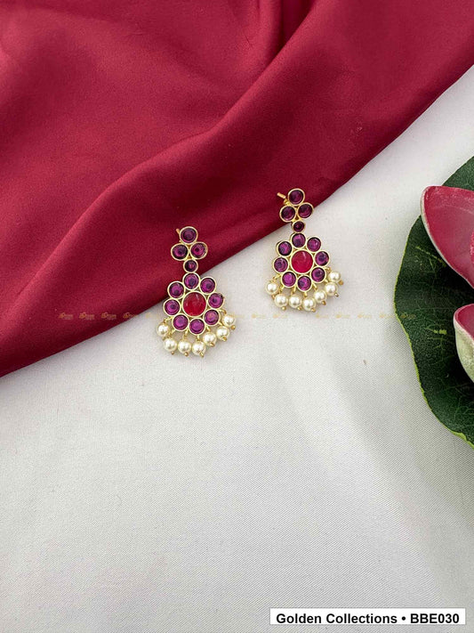 Front view of Pink Stone Pearl Real Kemp Jhumki Earrings from Golden Collections