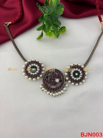 Premium Bharatanatyam Kemp Necklace Black Polish 3-Pendant Temple Jewellery with Kemp Stones