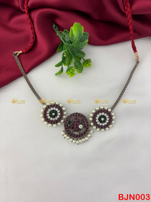 Bharatanatyam Kemp Necklace in Black Polish. 3-pendant brass temple jewellery with Kemp stones for Arangetram, Kuchipudi & classical dance.