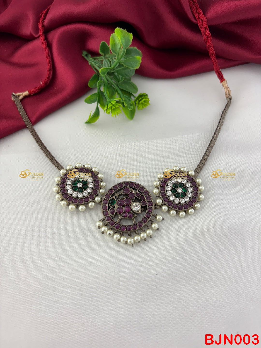 Premium Brass Bharatanatyam Kemp Necklace – Black Polish 3-Pendant Temple Jewellery for Classical Dance & Arangetram