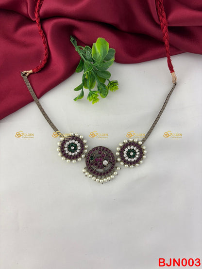 Bharatanatyam Kemp Necklace Black Polish | 3-Pendant Temple Jewellery