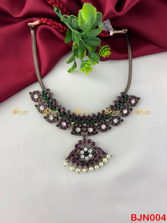 Premium Bharatanatyam Kemp Necklace Black Polish mango Temple Jewellery with Pendant