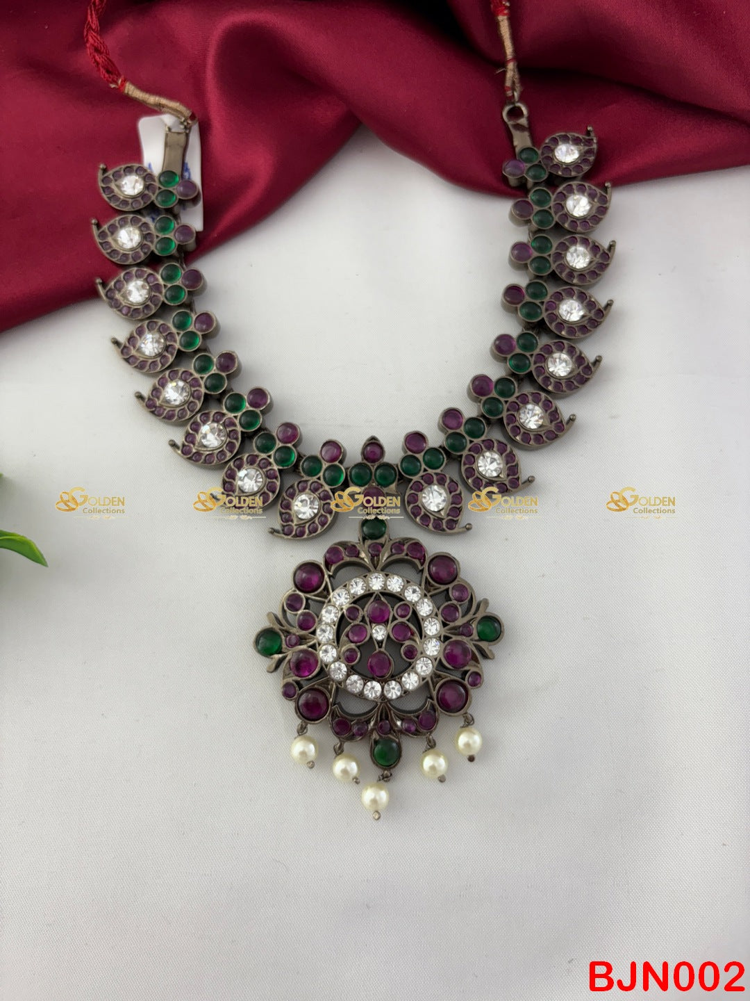 Premium Brass Bharatanatyam Kemp Necklace Black Polish Temple Jewellery with Kemp Stones