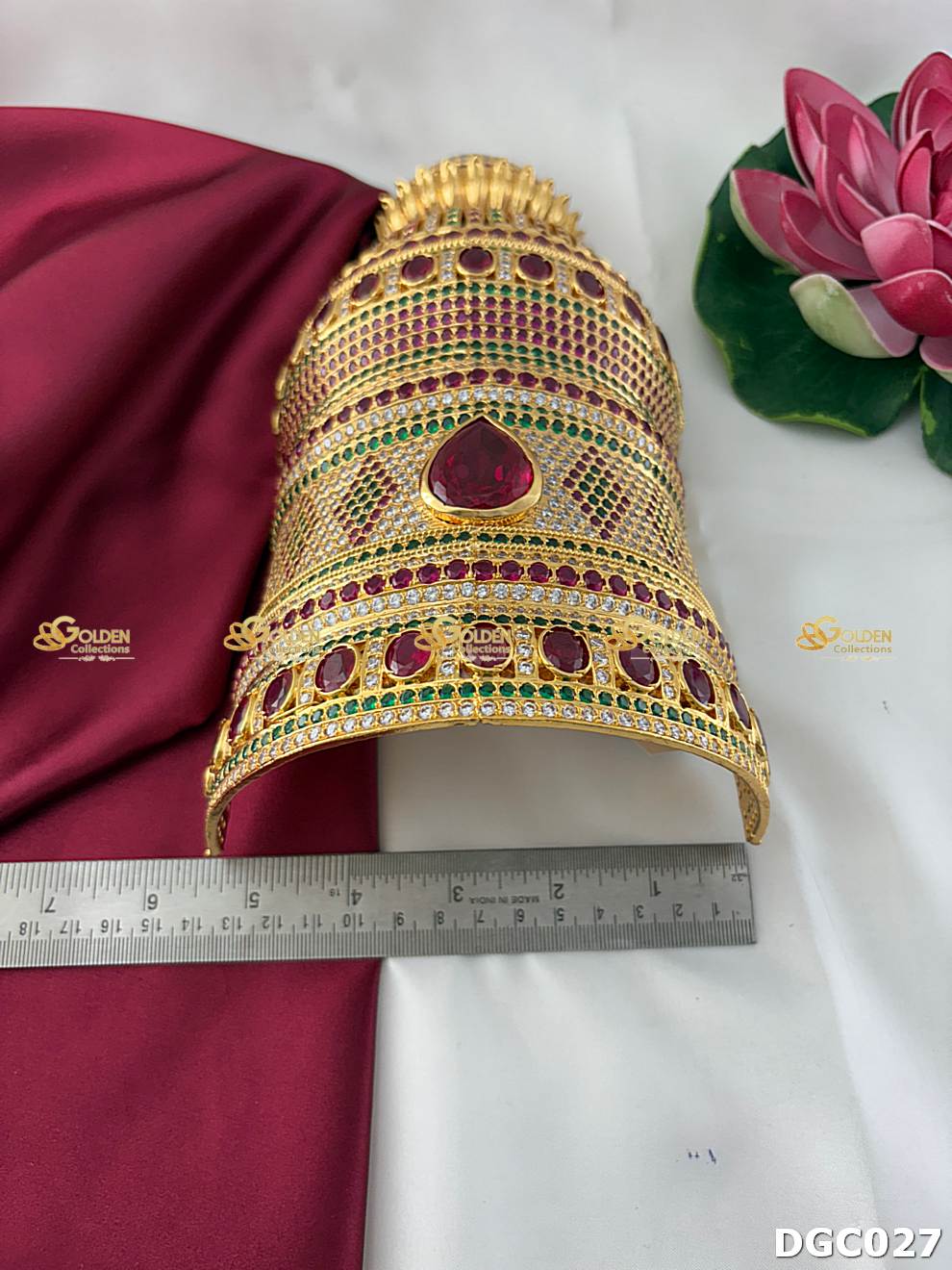 Elevate your worship with a grand 10-inch deity crown. Hand-set with brilliant CZ stones for a divine radiance. Perfect for large idols & festive alankaram. Shop now