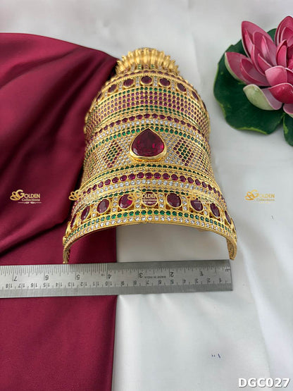 Elevate your worship with a grand 10-inch deity crown. Hand-set with brilliant CZ stones for a divine radiance. Perfect for large idols & festive alankaram. Shop now