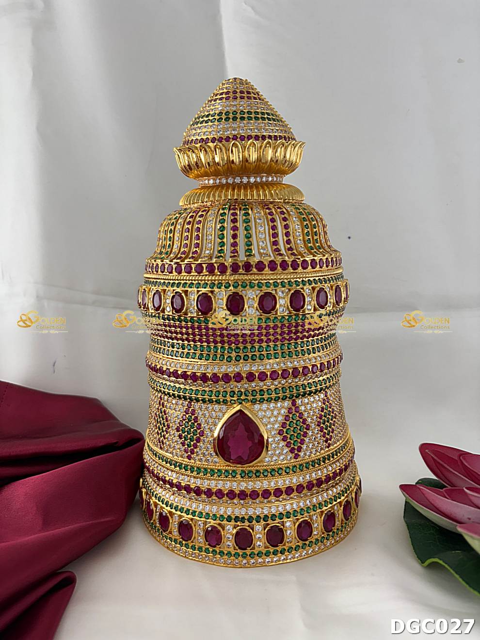 Majestic premium deity crown with exquisite CZ stones – temple jewellery mukut for Hindu God & Goddess idols, 10” height, 9” width, 5.5” diameter