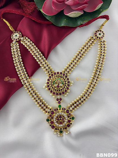 Real Kemp Temple Long Haram for Bharatanatyam and Kuchipudi BBN099 with red-green kemp stones