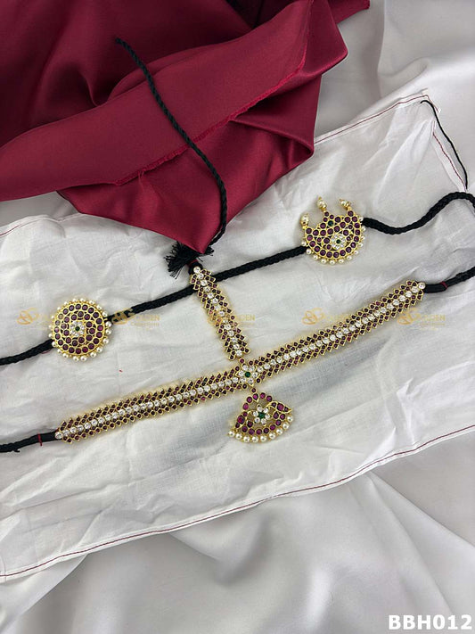 Premium Kemp Bharatanatyam headset with Nethi Chutti sun moon temple jewellery for Kuchipudi GoldenCollections