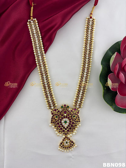 Real Kemp Temple Long Haram for Bharatanatyam and Kuchipudi BBN098 with red-green kemp stones