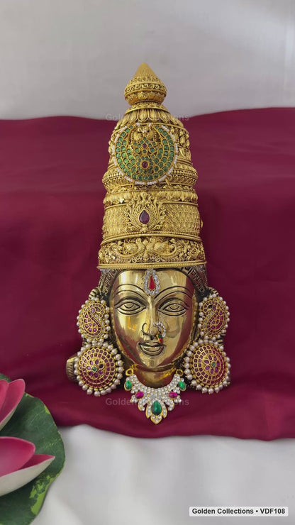 Fully decorated brass Varalakshmi face with green teardrop AD necklace shown in product video